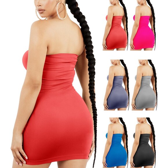 Women's Strapless Stretchy Comfy Tight Fit Seamless Body Con Mini Tube Top Dress - Picture 5 of 16